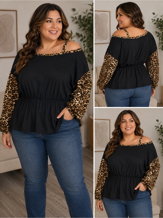 SHEIN Tops - 🖤 SHEIN CURVE 3X Black & Leopard Print Off-Shoulder Top